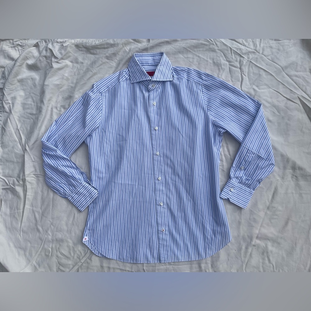 Isaia Blue and White Striped Dress Shirt